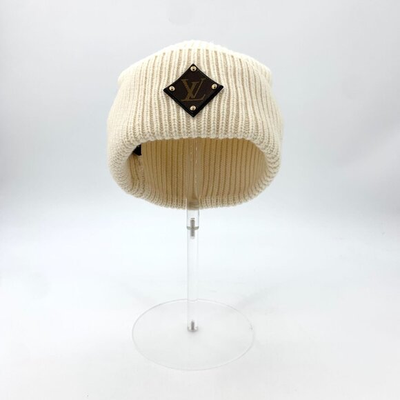 Louis Vuitton Beige Wool Knit Hat W/ Leather LV Logo Patch Winter Cap 52cm - Picture 3 of 9